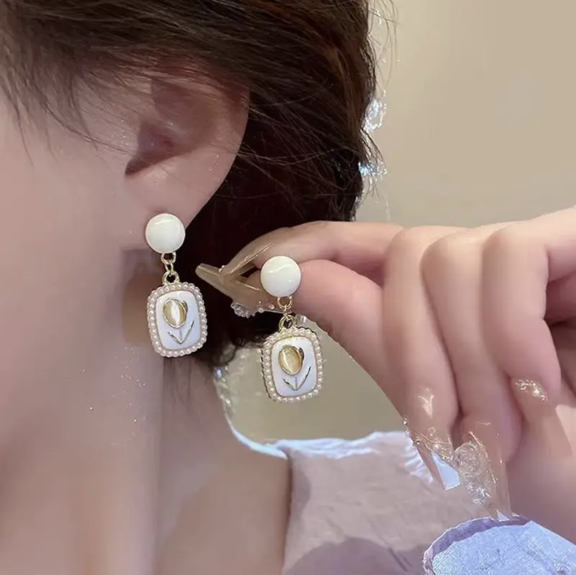 White Square Pearl Flower Stud Korean Earring