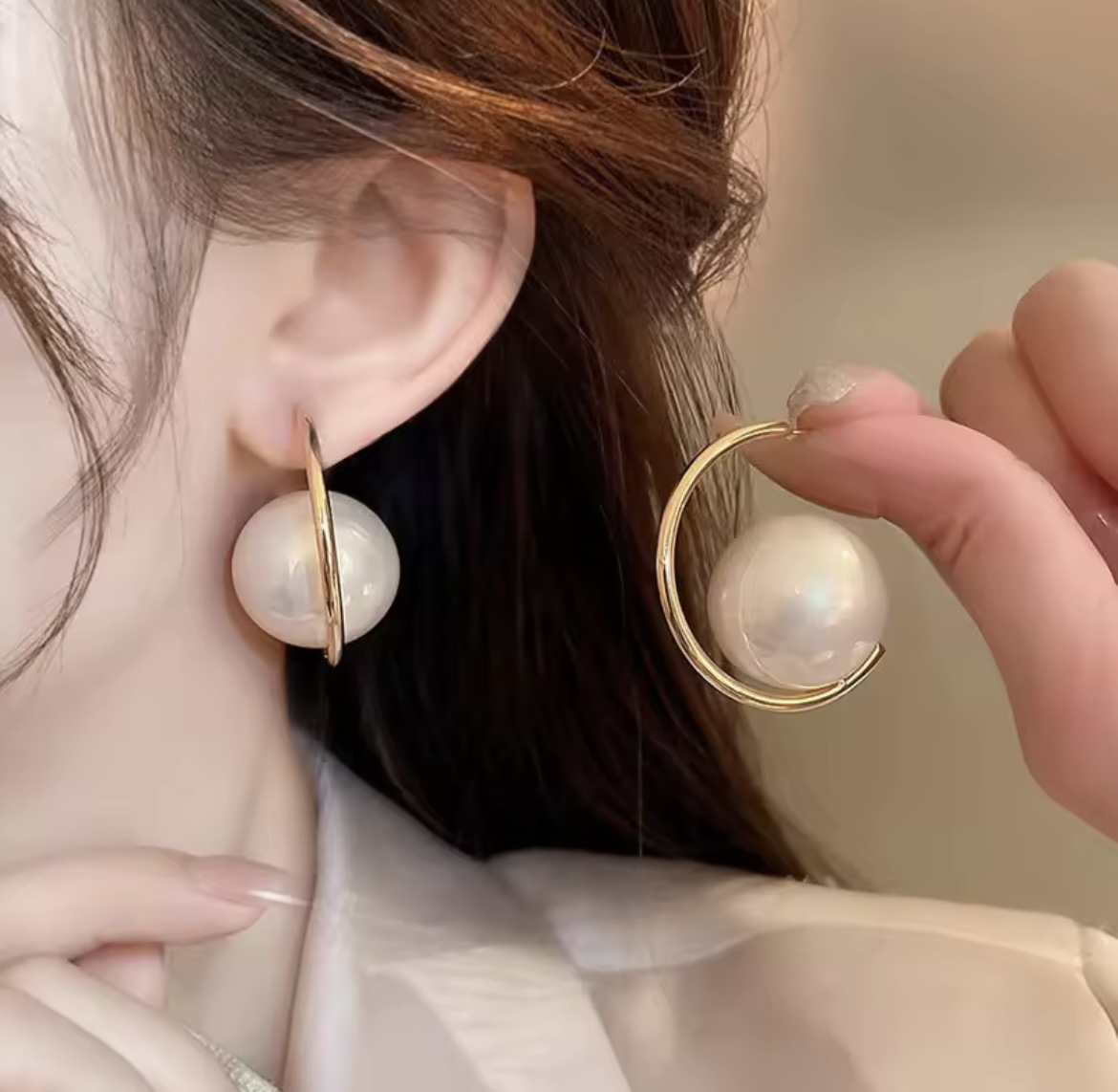 Golden Round Pearl Hoop Earring