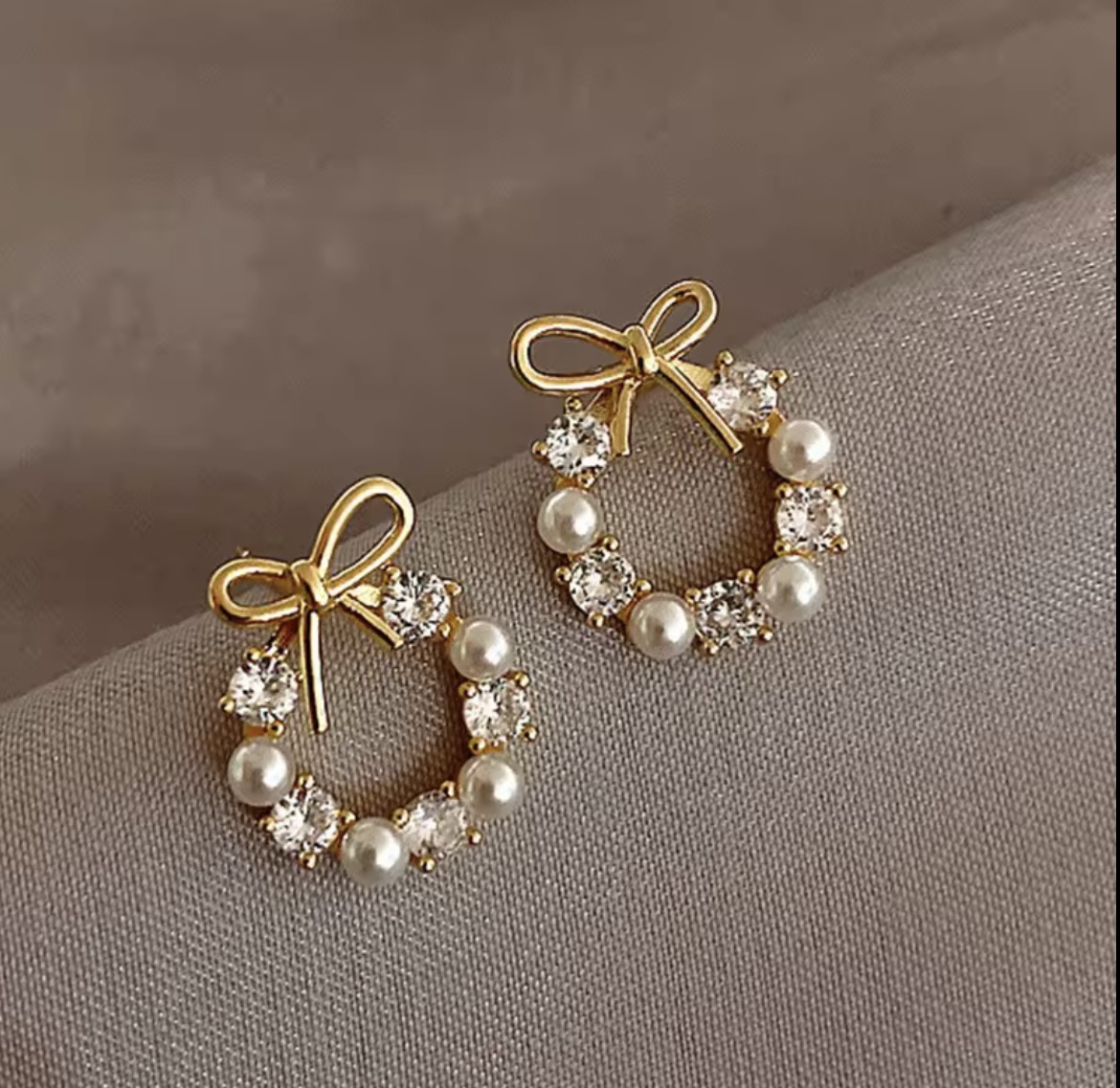 Dainty Pearl & Crystal Bow Stud Earrings