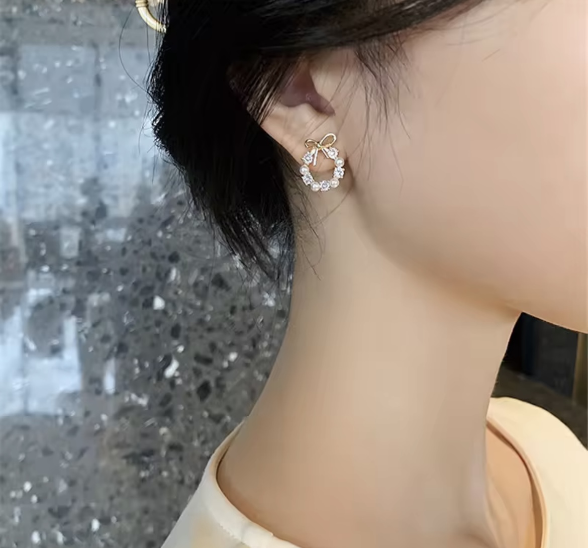 Dainty Pearl & Crystal Bow Stud Earrings