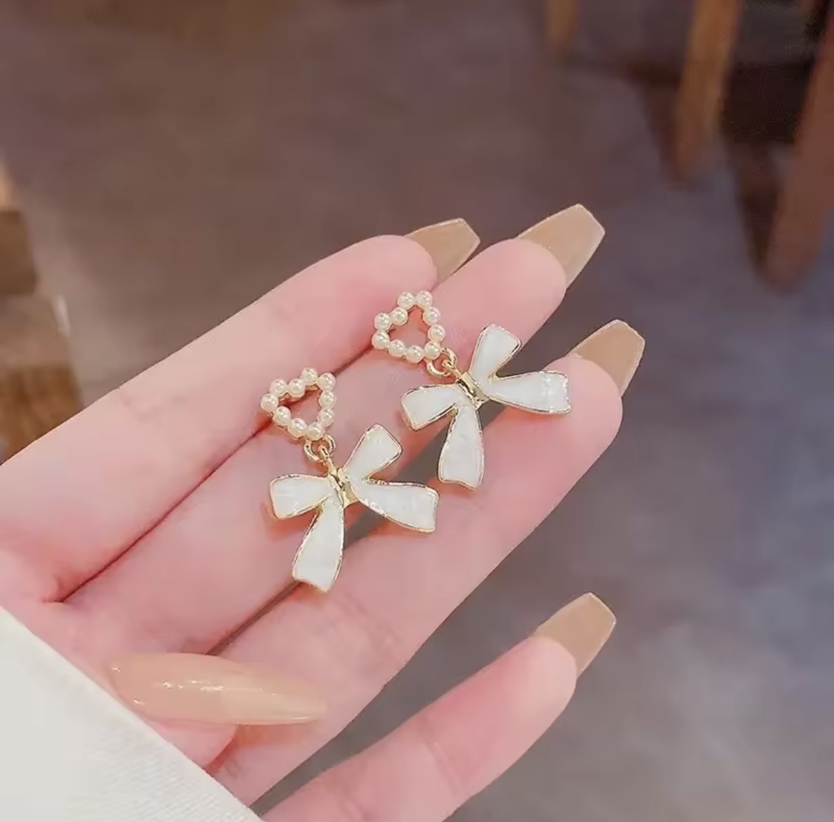 Sweet Pearl Heart & Enamel Bow Drop Earrings