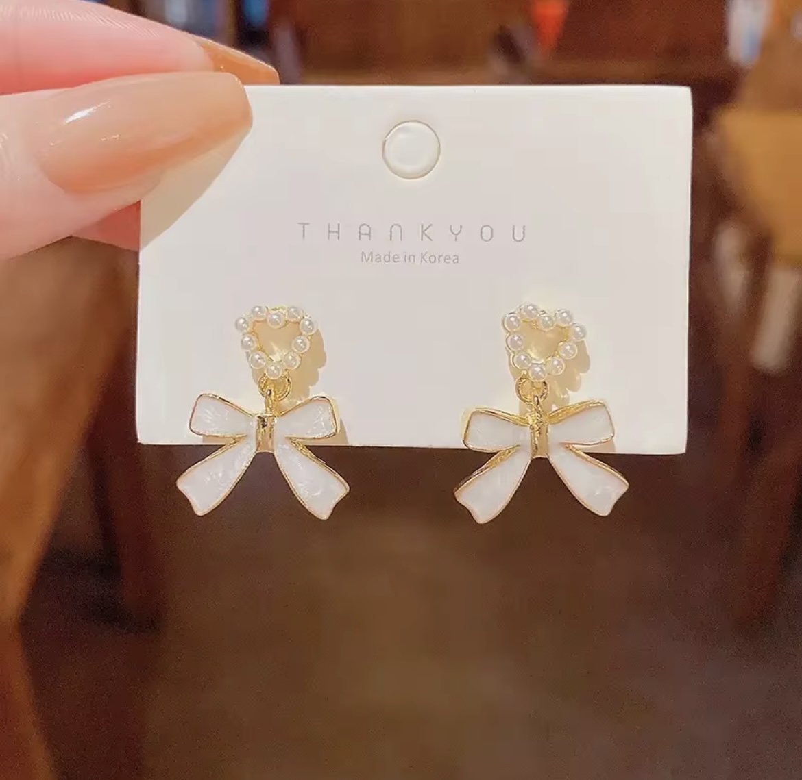 Sweet Pearl Heart & Enamel Bow Drop Earrings