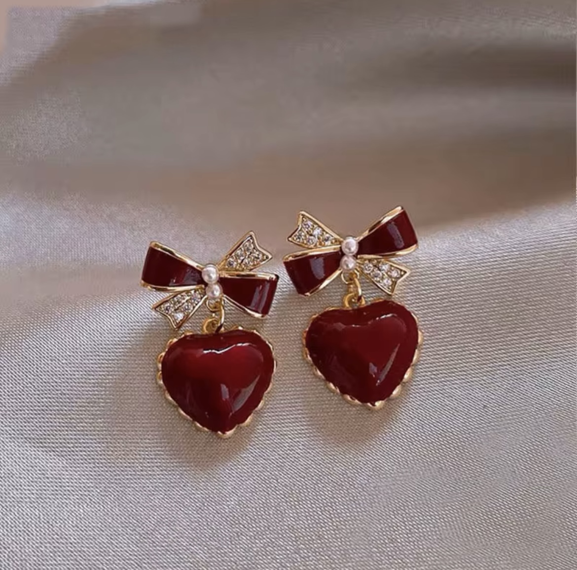Mehroon Heart Bow Korean Earring