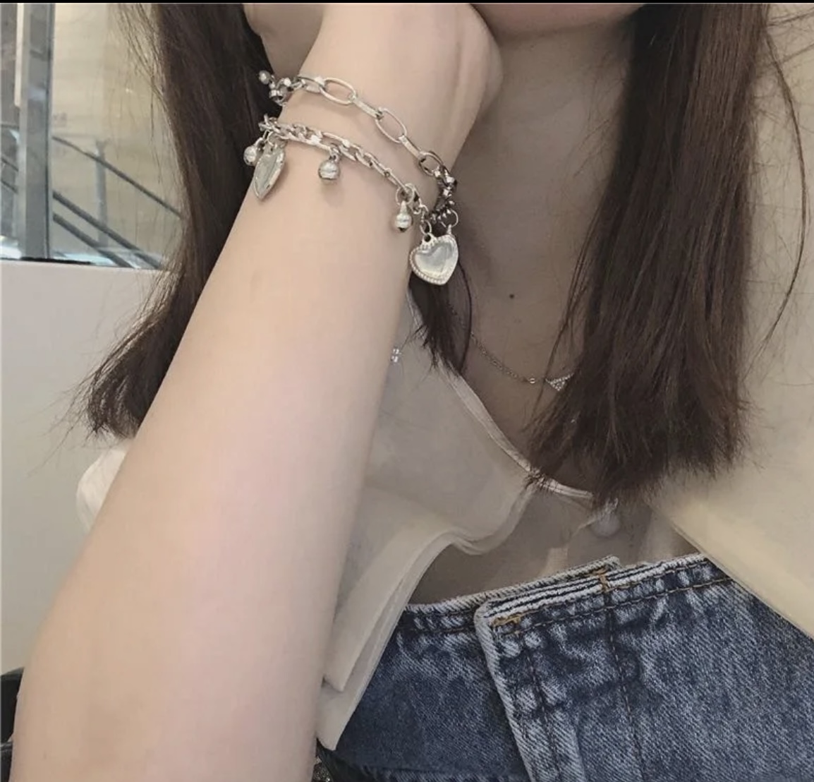 Heart Pendant Double Layered Chain Bracelet