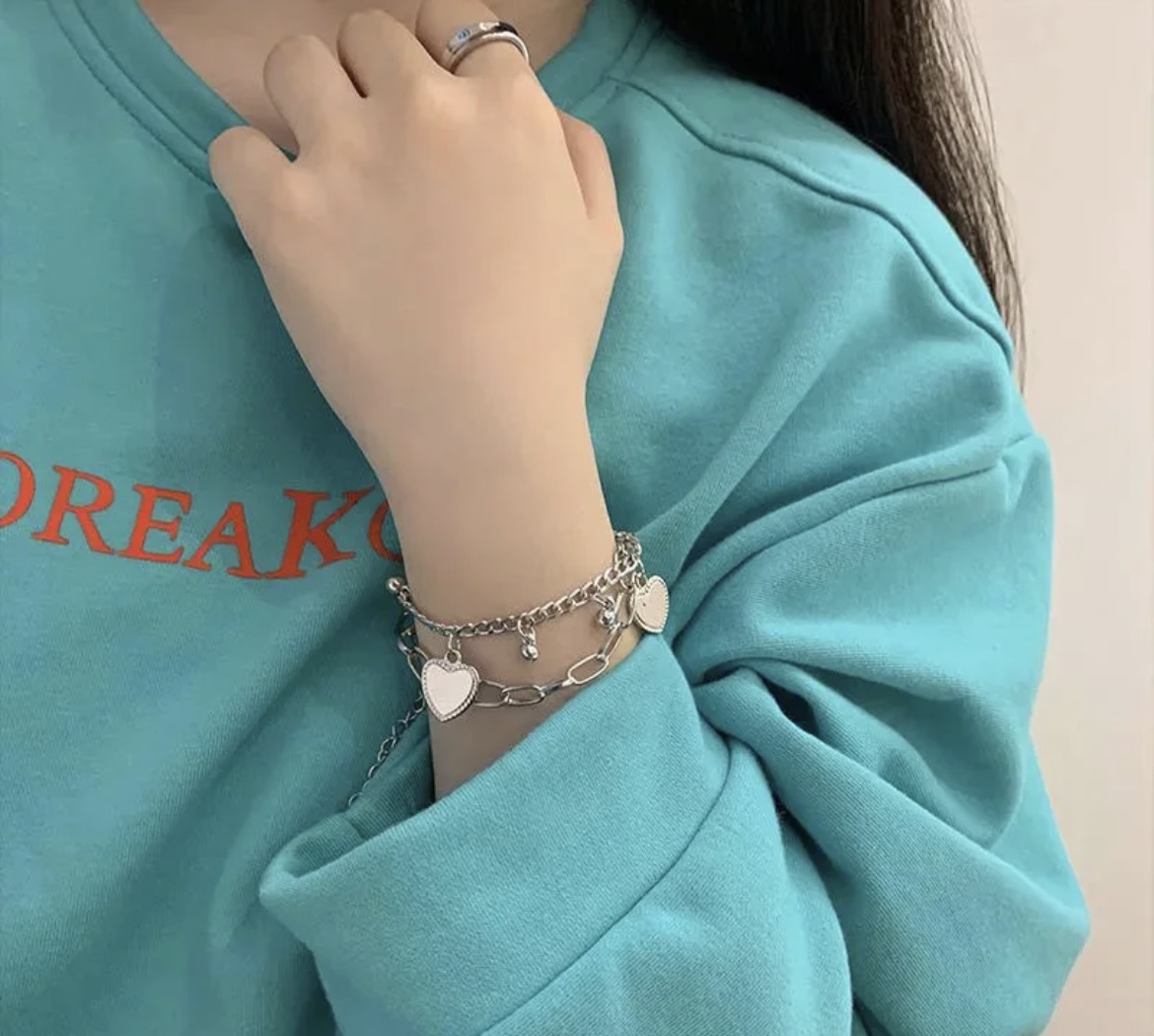 Heart Pendant Double Layered Chain Bracelet